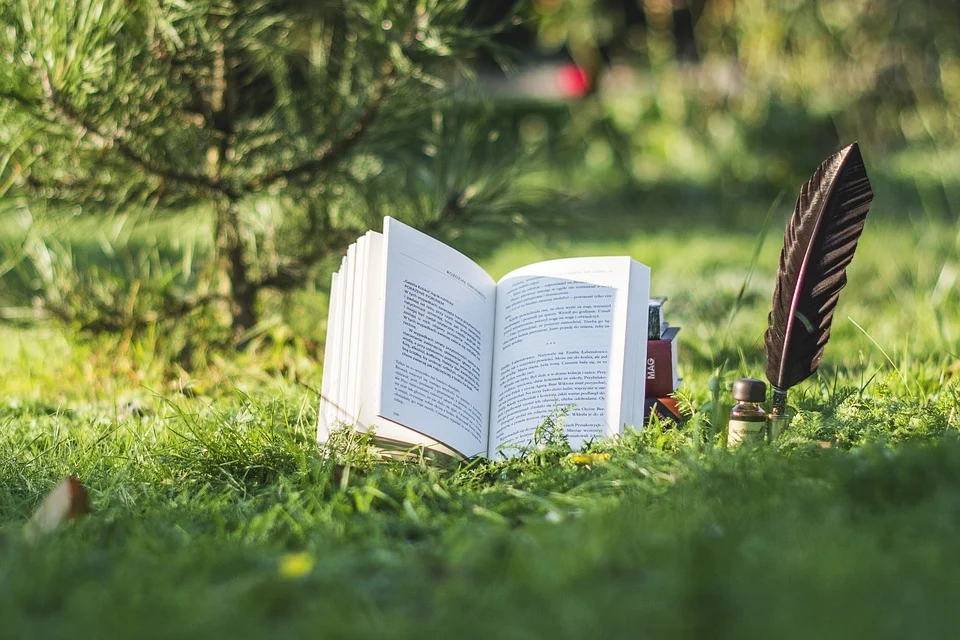 Livre posé sur de l'herbe.